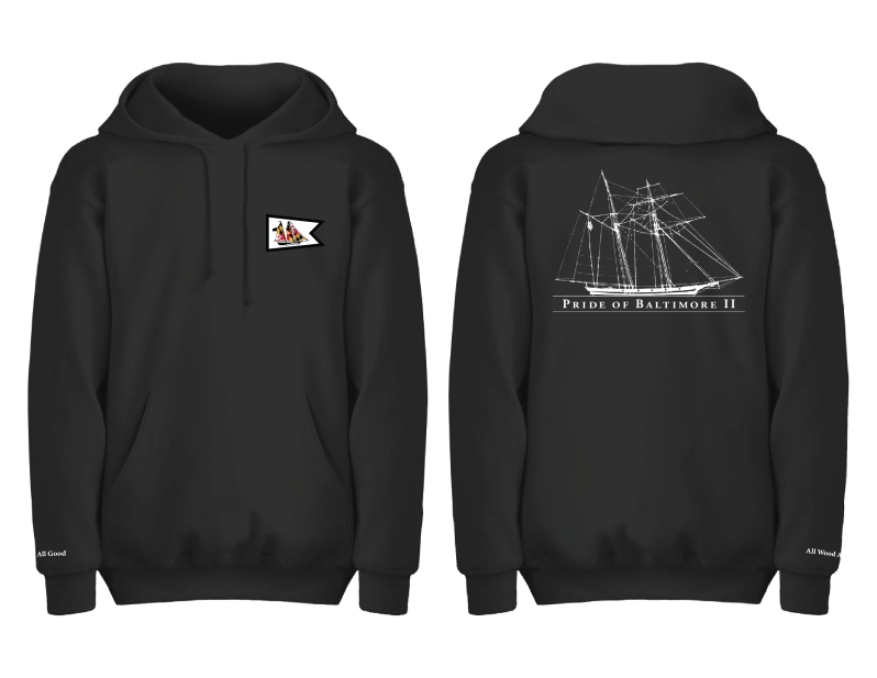Product Description: Let your zeal for Pride II keep you warm in this signature hoodie featuring our Maryland Flag Burgee embroidered on the front & line drawing of Pride of Baltimore II on the back.</br> Burgee Hoodie
