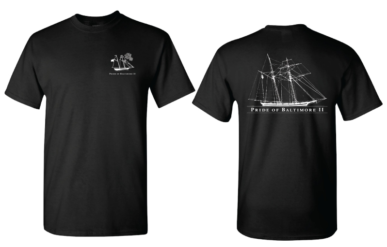 Product Description: Souvenir T-shirt featuring a line drawing of Pride of Baltimore II on the back</br> T-Shirt
